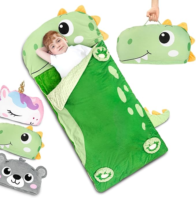 Primlect Kids Sleeping Bag with Pillow, Larger Toddler Nap Mat, Plush Slumber Bag for Boys Girls Daycare Preschool Kindergarten Birthday Gift Travel Sleepover Ages 3-6 Years
