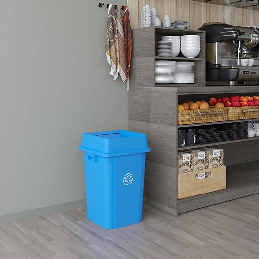 19 Gallon Blue Square Commercial Trash Garbage Can with Lid | Outdoor Office Restaurant School Kitchen