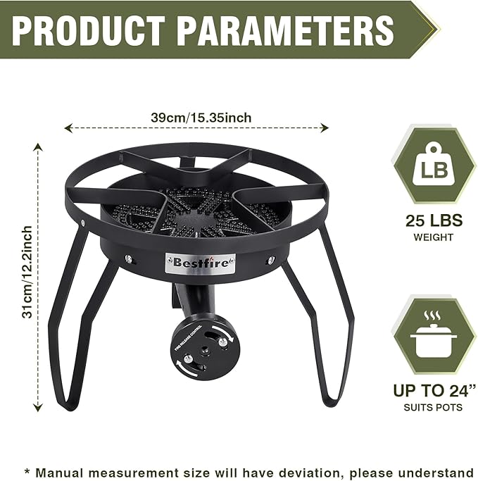 Bestfire 16" Single Propane Burner Camping Stove with Steel Braided Hose 200,000 BTU for Frying, Camping, Home Brewing and Turkey Frying