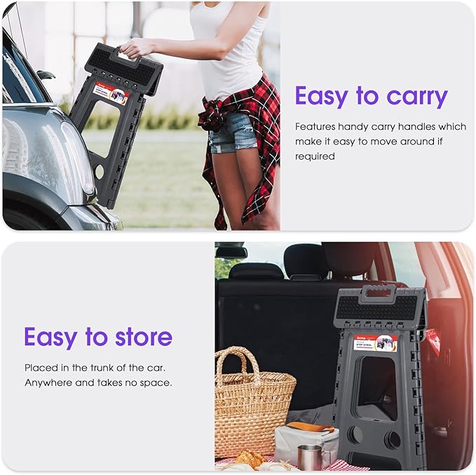 ACSTEP 17.5 Inch Folding Step Stool for Adults and Kids, Non-Slip Plastic Foldable Stepping Stool, Collapsible Folding Stool with Handle Holds Up to 400lbs for Kitchen, Dot Grey (1 Pack)