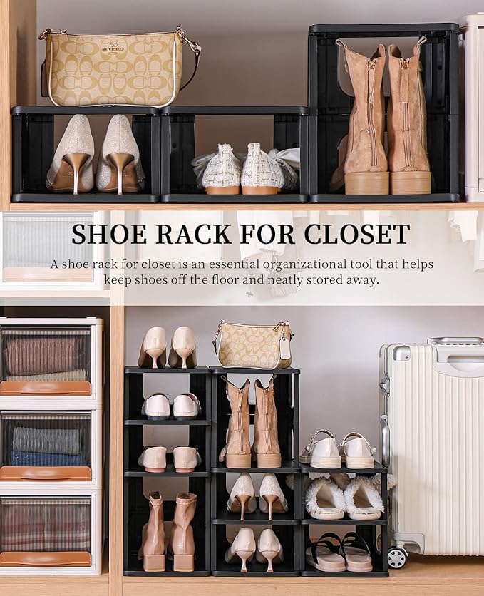 Shoe Organizer Rack for Small Spaces 5 Tier Plastic Vertical Narrow Shelves for Closet Black Shoe Holder, Stand for Entryway Storage Boots Organizer Stackable Cabinet