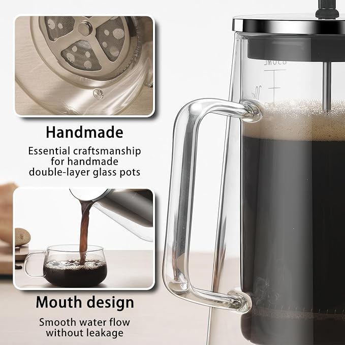 French Press Coffee Maker 22Oz - Double-Wall Insulated Borosilicate Glass - Ergonomic Handle - Coffee Gift - Tea & Coffee Press