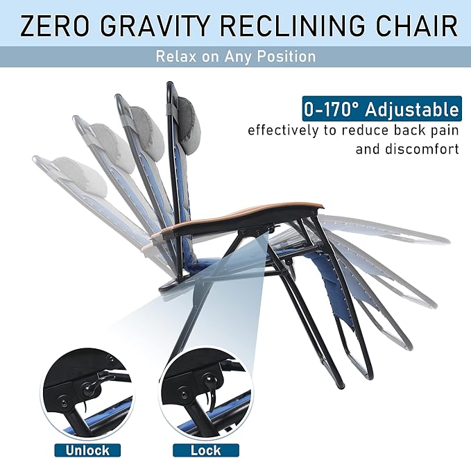 PHI VILLA XXL Oversized Padded Zero Gravity Chair, Foldable Patio Recliner, 30" Wide Seat Anti Gravity Lounger with Cup Holder, Set of 2, Support 400 LBS (Thumb Blue)