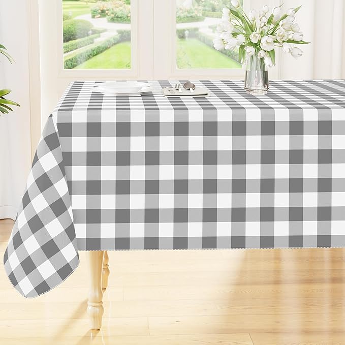 Smiry Rectangle Table Cloth, Waterproof Vinyl Tablecloth with Flannel Backing, Wipeable Buffalo Plaid Table Cover for Dining, Indoor and Outdoor (Grey & White, 60"x102")