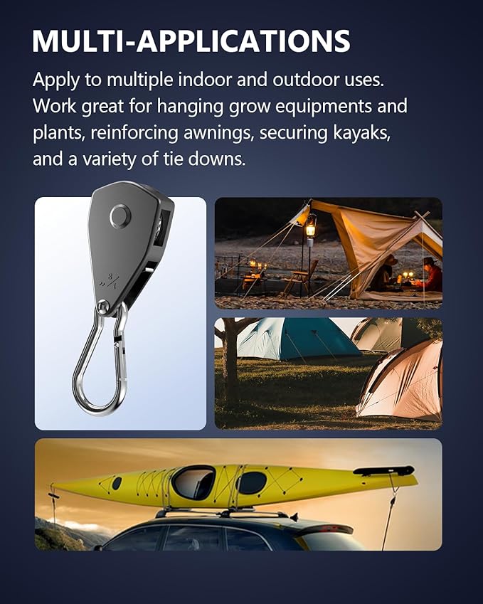 VIPARSPECTRA Retractable Heavy Duty Ratchet Tie Down Straps [12 Pack, 8ft, 75lbs/Pack], Rope Pulley System with Carabiner Hook Rope Adjuster for Hanging Plants/Grow Light/Tents Various Tie-Down Uses