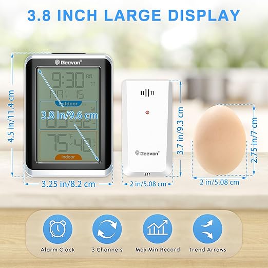 Geevon Wireless Indoor/Outdoor Thermometer & Hygrometer, Digital Temperature & Humidity Sensor with Time, Clock, 200ft/60m Range, 3.8‘’ Large Display
