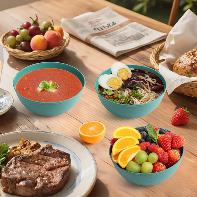 Homienly Wheat Starw Bowls, Bowl Set, Large Cereal Bowls, Serving Bowl Set of 6, Microwave and Dishwasher Safe, 40 OZ, Large Bowl for Salad, Soup, Ramen, Fruit,Dinner, Reusable, Stackable - Green