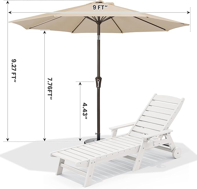 SERWALL Patio Chaise Lounge Chair Set of 2 with 9FT Patio Umbrella, 78'' HDPE Outdoor Lounger 5 Positions Adjustable, Poly Lounge Chair with Rolling Wheels & Cup Holder for Pool,Light White