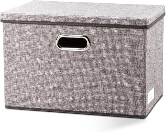 PRANDOM Large Foldable Storage Bin with Lid [1-Pack] Linen Fabric Decorative Storage Box Organizer Containers Basket Cube with Handles Divider for Bedroom Closet Office Living Room (17.7x11.8x11.8)