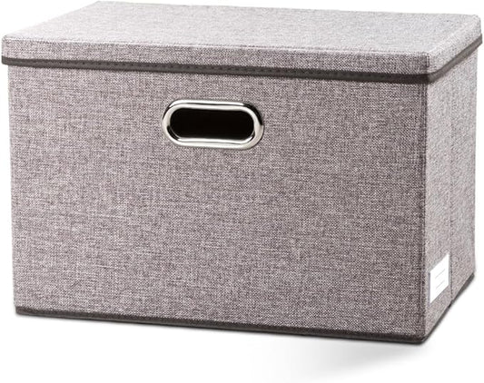 PRANDOM Large Foldable Storage Bin with Lid [1-Pack] Linen Fabric Decorative Storage Box Organizer Containers Basket Cube with Handles Divider for Bedroom Closet Office Living Room (17.7x11.8x11.8)