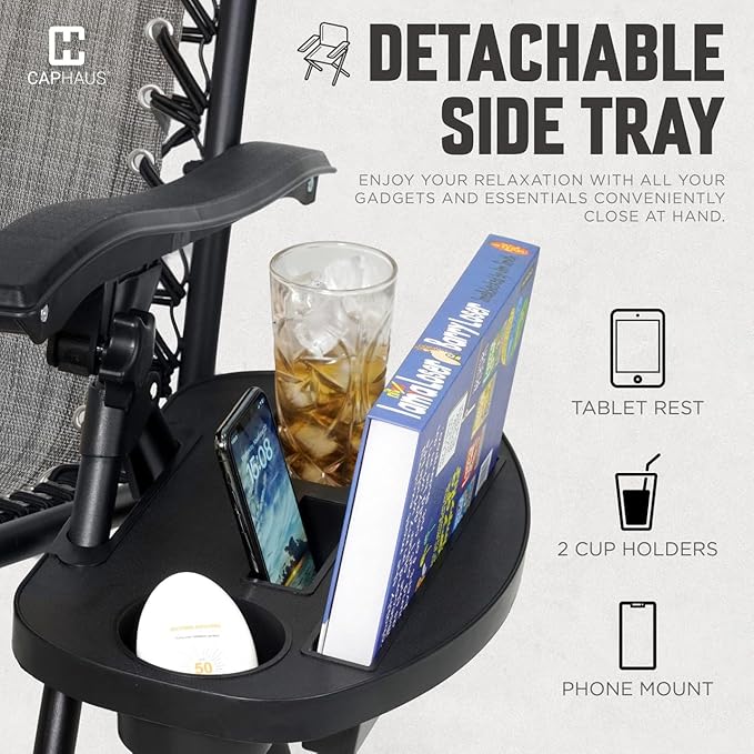 CAPHAUS Set of 2 Grey Zero Gravity Chair, Zero Gravity Recliner, Zero Gravity Lounge Chair, Anti-Gravity Chair for Indoor & Outdoor, Folding Reclining Chair w/Side Tray, Adjustable Pillow, Grey