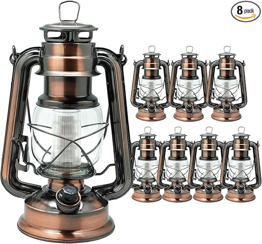 YAKii LED Vintage Lantern Metal Hanging Hurricane 12 LED Dimmer Switch Cold White Battery Operated Lantern Power Outage Indoor Camping Lighting Outdoor Brooklyn Decoration(Copper Pack of 8)