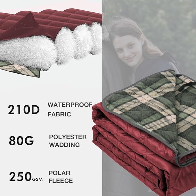 DUKUSEEK Waterproof Camping Blanket with Super Thick Fleece Lining, Large Outdoor Blanket Windproof with Foldable Hood for Camping Stadium Sporting Events,79"x 58"