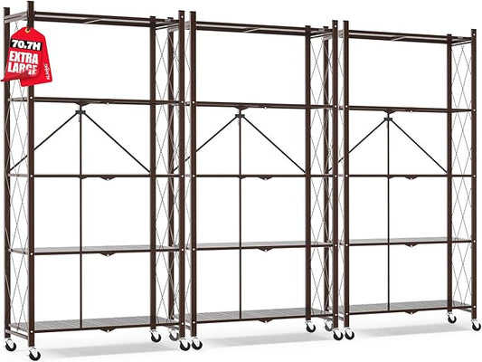 ALANNG 70.7" H Metal Storage Shelves, 5 Tier Folding Shelf on Wheels, Heavy Duty, No Assembly, Rolling, Collapsible Rack Unit for Kitchen, Basement, Pantry (Vintage Brown,3 Pack)