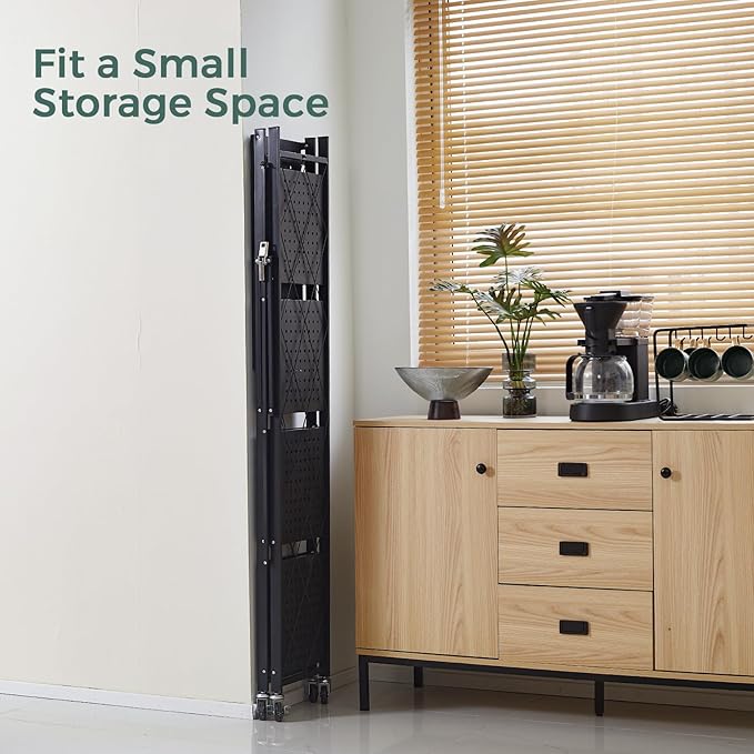 DEANIC 5-Shelf Folding Bookcase with Wheels, Rolling Bookshelf Heavy Duty Storage Shelves, Freestanding Metal Wire Shelving Unit for Living Room, Office, Kitchen, Basement, Pantry (Black)