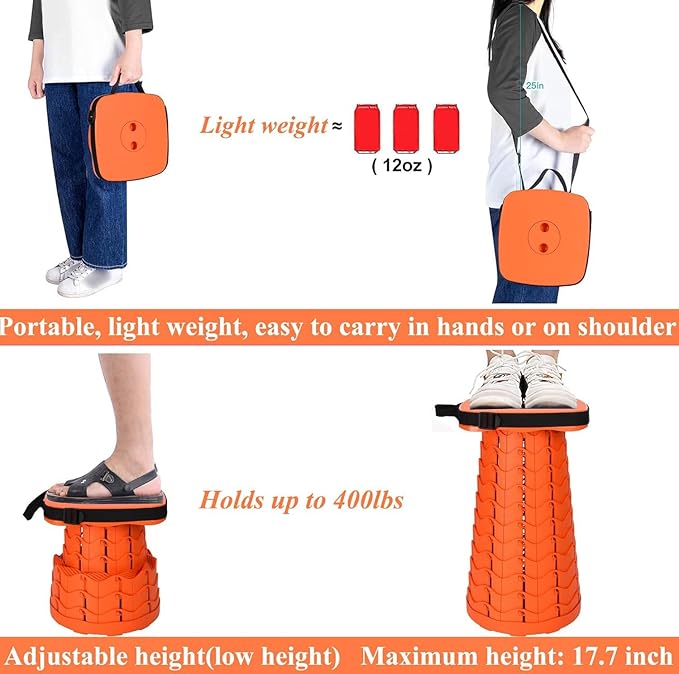 Fishboy Upgraded Square Collapsible Stool, 400lbs Max Weight, Lightweight But Sturdy, Portable Retractable Folding Telescoping Foldable Camping Stool for Adults Outdoor Fishing Hiking Travel BBQ