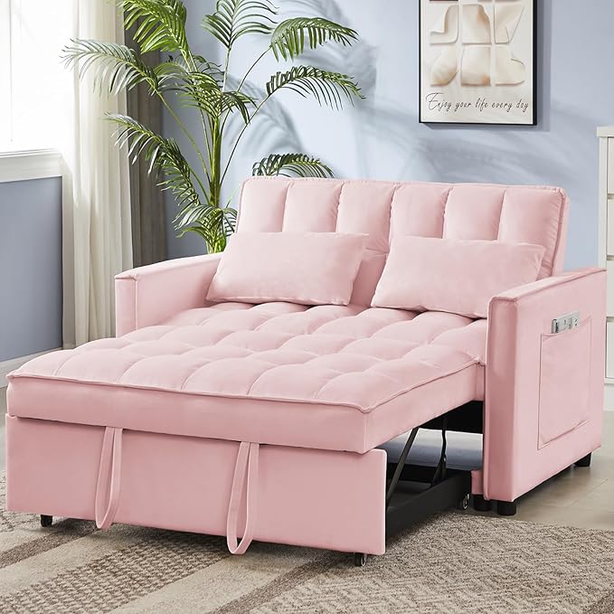 53.14" Velvet Convertible Sleeper Sofa Bed with Adjustable Backrest & Side Pocket, Pull-Out Loveseat Futon Couch for Small Spaces, Solid Wood Frame, Easy Assembly, 3-in-1 Sofa Bed for Living Room