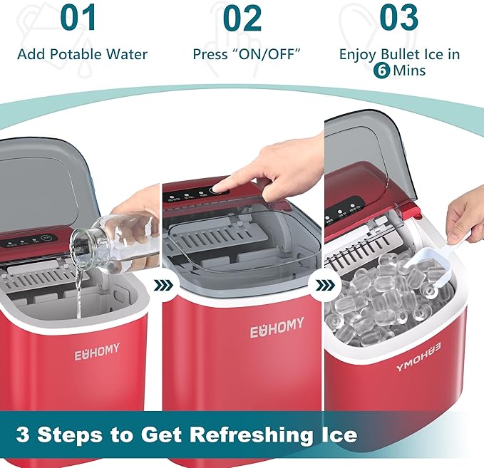 EUHOMY Countertop Ice Maker Machine with Handle, 26lbs Per Day, 9 Ice Cubes Ready in 6 Mins, Auto-Cleaning Portable Ice Maker with Basket and Scoop, for Home/Kitchen/Camping/RV (Red)