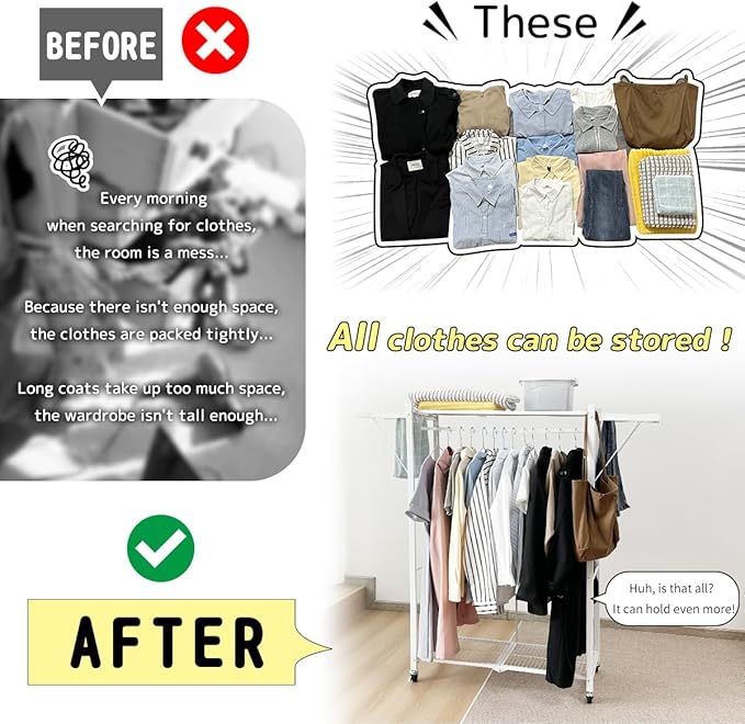 lumizone Expandable Wardrobe Closet, Foldable Clothing Rack with Shelves, Heavy Duty Collapsible Garment Rack Organizer for Hanging Clothes, Shoes & Storage(Black)