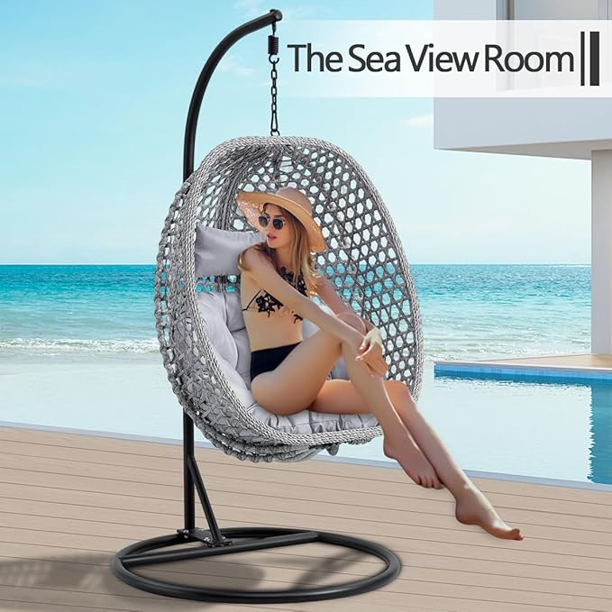 JUFU Egg Swing Chair with Stand,Hanging Egg Chair Indoor Outdoor,Hammock Hanging Basket Chair with Aluminum Steel Frame，Patio Egg Chair with Removable Cushions for Patio Balcony Backyard,Bedrooms