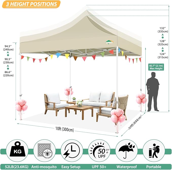 COBIZI 10x10 Canopy Tent with 4 Sidewalls,Heavy Duty Pop up Canopy with Mosquito Netting,Easy up Screen Tent for Parties Wedding Outdoor Camping with Handbag,Khaki