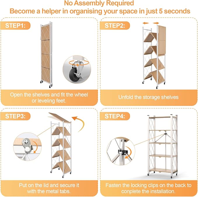 5-Tier Foldable Storage Shelves with Wheels, Folding Metal Shelf Unit, Folding Bookshelf no Assembly, Collapsible Shelves for Craft Shows for Kitchen, Bedroom, Living Room, Natural