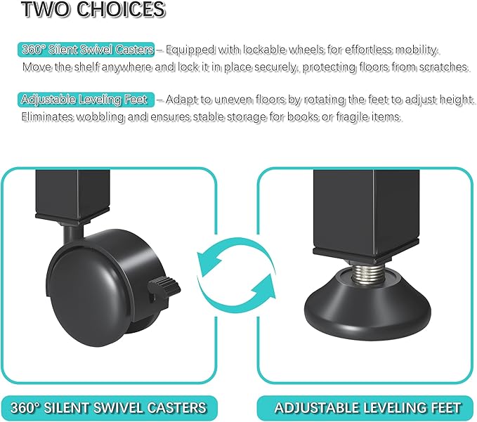 4NM 2 Tiers No-Assembly Folding Bookshelf with Wheels, Portable Rolling Storage Foldable Bookcase & Compact Side Table for Living Room, Bedroom, Kitchen, Bathroom (Rustic Brown and Black)