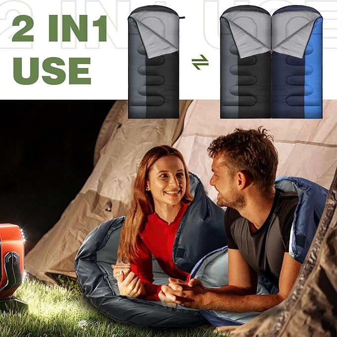 XL 10 Degree Sleeping Bags Waterproof for Adults 350GSM Machine Washable with Compression Sack for 3-4 Season Camping Outdoor