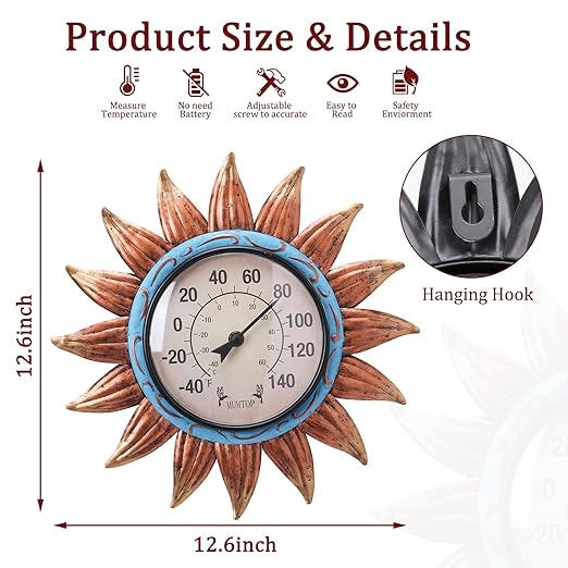 MUMTOP Indoor Outdoor Thermometer - Sunflower Wall Thermometer, Outdoor Thermometers for Patio, Room, Greenhouse, Outside, Garden Decor(Brown)