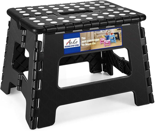 ACKO Folding Step Stool 9 Inch 300 lb Capacity, Plastic Foldable Step Stools for Kids and Adults, Folding Stools Suitable for Kitchen, Stepping Stool with Handle Black 1PC
