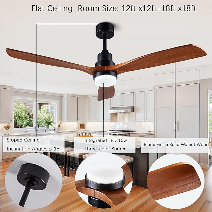 56" Wooden Ceiling Fans with Lighted Remote Control, Indoor Outdoor Wooden Ceiling Fan, Outdoor Modern Ceiling Fan with 3 Fan Blades for Patio, Living Room, Office, Hallway and More.……