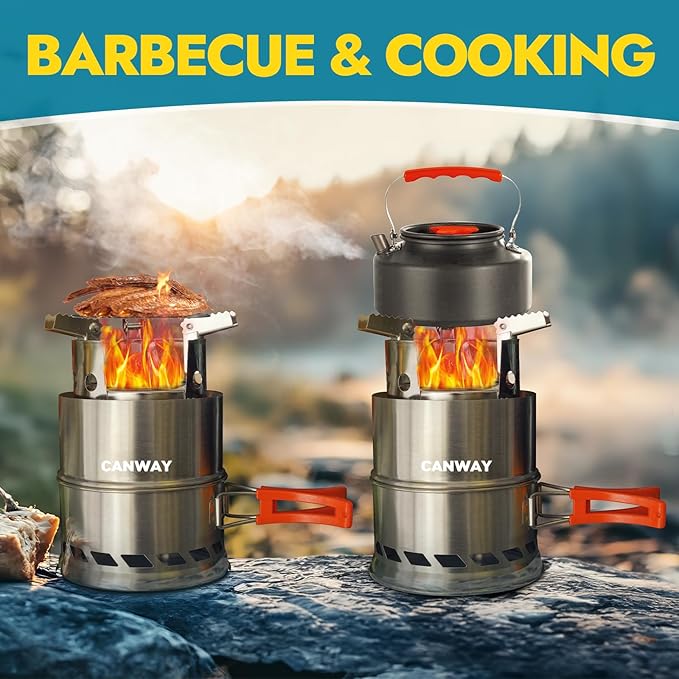 CANWAY Camping Stove, Portable Stainless Steel Wood Burning Survival Stove with Nylon Carry Bag for Outdoor Backpacking Hiking Traveling Picnic BBQ