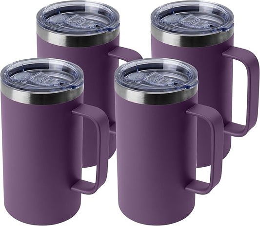 DOMICARE 24oz Mug with Handle and Lid, Stainless Steel Coffee Mug, Travel Mug with Handle, Double Wall Vacuum Coffee Tumbler, Reusable Insulated Cup, Dark Purple, Pack 4