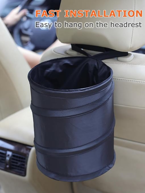 Ginsco 2 Gallons New Leakproof Car Trash Can, Compact Trash Can Pop-up Collapsible Hanging Car Trash Bin with Hook and Loop, Waterproof PEVA Liner Open-Top Garbage Can for Cars Home Office