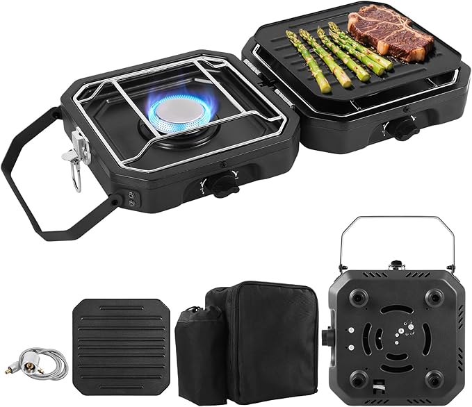 Dollate 2-Burner Propane Stove with Griddle and Carrying Bag, Portable Foldable Camping Stove with 2 Adjustable Burners 16000 BTUs,for Camping Tailgating Essentials Gear (Black)