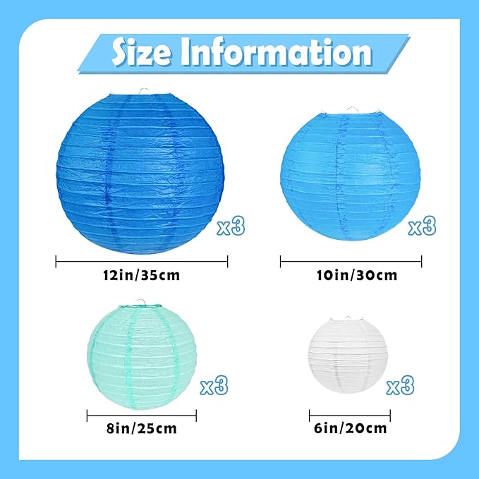 12Pcs Blue and White Paper Lanterns Assorted Sizes (6" 8" 10" 12") for Home Decor, Wedding, Birthday, Mamma Mia Party Decorations, Hanging Chinese Japanese Paper Lantern (3 Blue Colors)