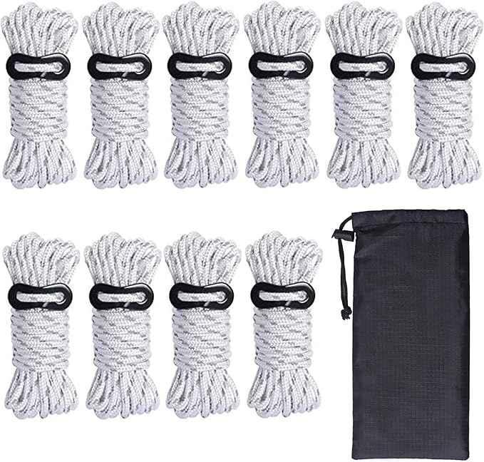 Hikeman 10 Pack 4mm Camping Rope Reflective Outdoor Guy Lines with Aluminum Guyline Adjuster Tensioners Nylon Tent Tie Downs for Hiking Backpacking Tarp,Canopy Shelter (White)
