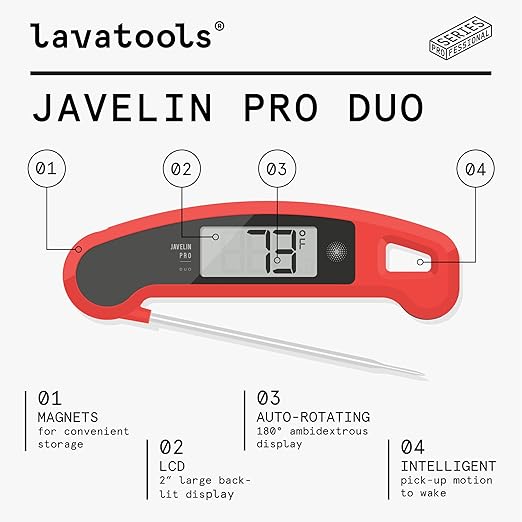 Lavatools Javelin® PRO Duo Ultra-Fast 2-Second Professional Digital Instant Read Meat Thermometer for Grill and Cooking, Auto-Rotating Backlit Display, IP65 Water Resistant – Olive