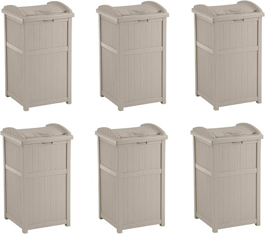 Suncast 6 Pack 15.75" x 16" x 31.6" Trash Hideaway 33 Gallon Resin Outdoor Commercial Garbage Container with Lid for Backyard, Deck, or Patio in Taupe