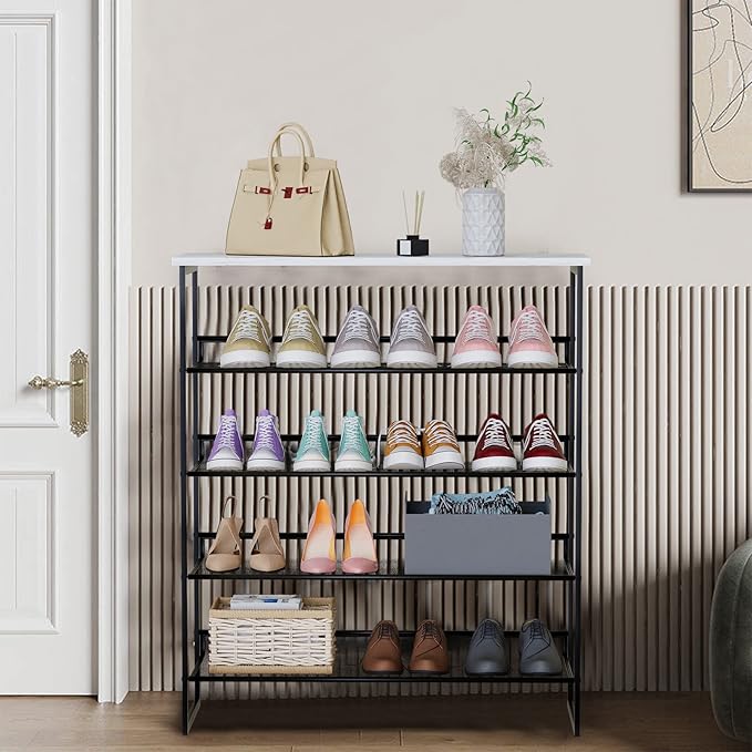 Garden 4 you 5 Tiers Shoe Rack,Multi-Purpose Adjustable Flat and Slant White Marble Freestanding Organizer Storage Rack Shoe Shelf, High Heels Potted Plant for Entryway Hallway Living Room Closet