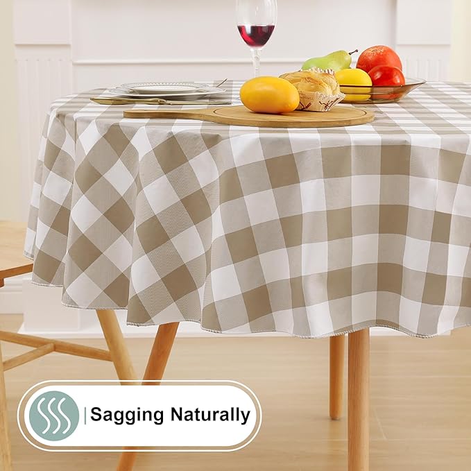 misaya Round Waterproof Vinyl Table Cloth, Buffalo Flannel Backed Tablecloth, Wipeable Plastic Table Cover for Dinner, Kitchen, Picnic (60", Khaki and White)