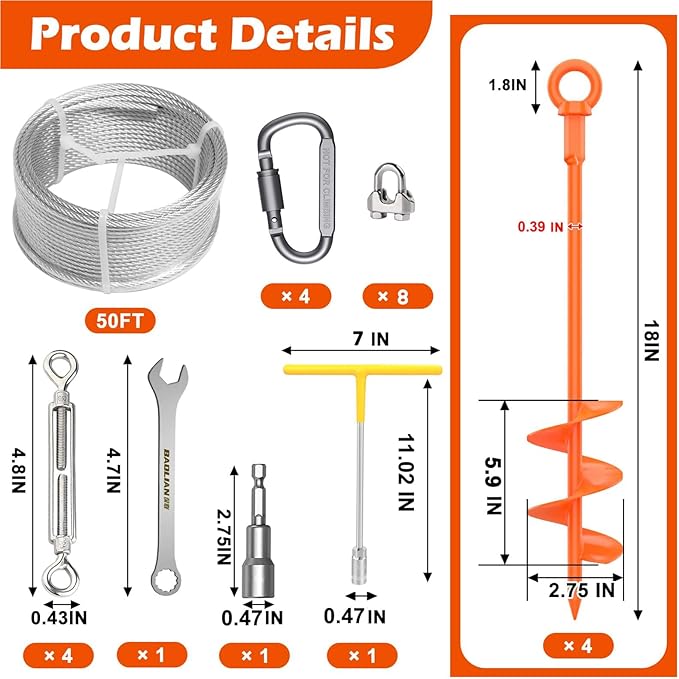 4 Pack 18" Fully Welded Ground Anchors Shed Anchor Kit with 1/8" Galvanized Cable, Heavy Duty Earth Anchors High Wind Screw in for Trampoline Swingset Tent Greenhouses (Orange)