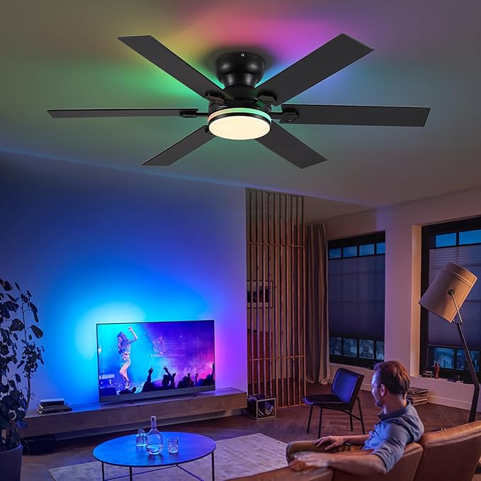 52" RGB Ceiling Fans with Lights and Remote/APP,Black Low Profile Ceiling Fans with Quiet Reversible DC Motor,Modern Flush Mount Fans Light for Bedroom Kids Room