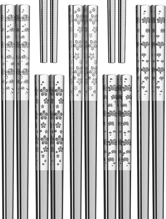 Metal Chopsticks Reusable 18/8 stainless steel Chopsticks 5 Pairs Classic Floral Dishwasher Safe Lightweight Non-Slip Chop Sticks 9 1/4 Inches Present Set