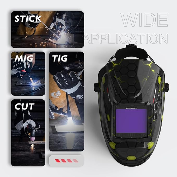 YESWELDER Large View Auto Darkening Welding Helmet, Blue Light Blocking, 1/1/1/1 True Color Solar Powered Welder Hood Mask with 4 Arc Sensors, Wide Shade 3/5-9/9-13 for TIG MIG ARC Cut and Grind