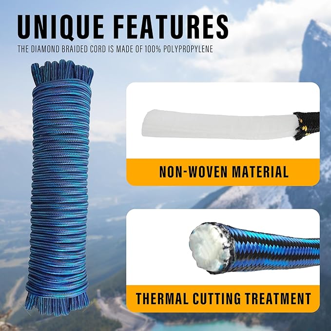 Diamond Braided Polypropylene Rope Nylon Rope Mix Thick Heavy Duty Ropes 3/8 inch 60ft High Strength Perfect for Clothesrope Camping Hiking and Other Outdoor Activities Blue