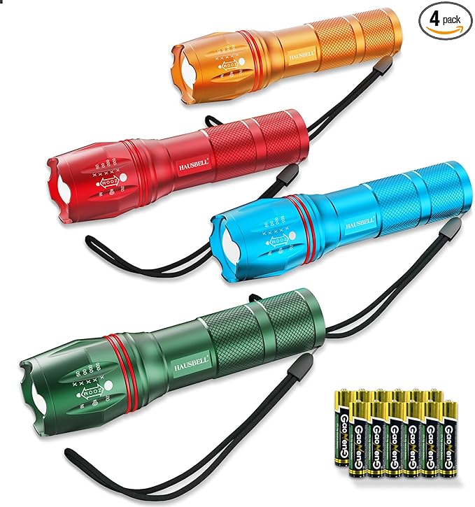 HAUSBELL High Lumen A100 LED Flashlight, Bright & Zoomable Tactical Flashlights Flash Light, with 2 Modes for Emergency and Outdoor Use Camping Accessories(4 Pack)