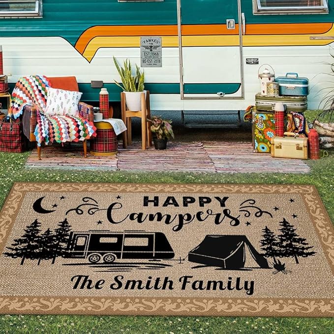 Custom Camping Rug Happy Camper RV Trailer Campsite Decor Floor Mat for Outdoors, Patio, Backyard, Picnic, Beach, Camping, 30 x 55 Inch (20 RV Optional)
