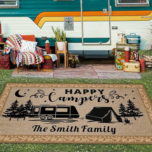 Custom Camping Rugs Happy Camper RV Trailer Campsite Decor Floor Mat for Outdoors, Patio, Backyard, Picnic, Beach, Camping, 70 x 108 Inch, 20 RV Optional