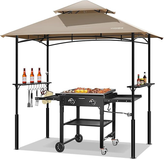 VIVOHOME Grill Gazebo Outdoor BBQ Patio Canopy Tent with Double Tiered Vented Top & 2 Side Shelves, Taupe